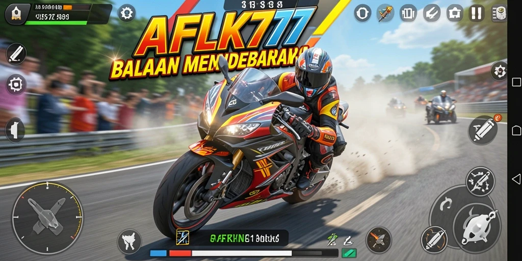 Screenshot menunjukkan balapan motor yang intens dan mendebarkan.