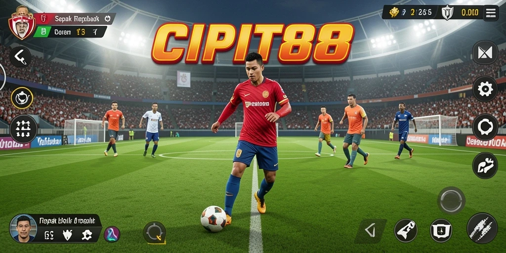 Screenshot utama CIPIT88 menampilkan aksi bermain sepak bola yang intens.