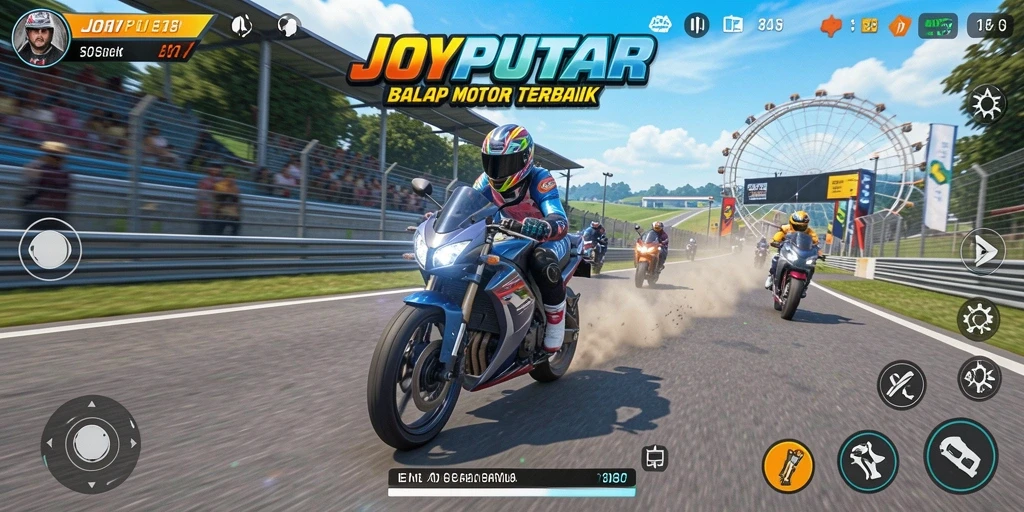Tampilan gameplay seru dari JOYPUTAR dengan motor balap yang nyata.