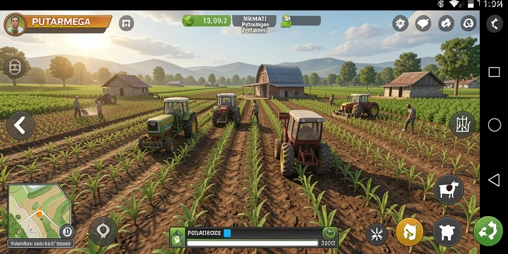 Screenshot gameplay PUTARMEGA yang menunjukkan ladang indah dan hewan ternak.