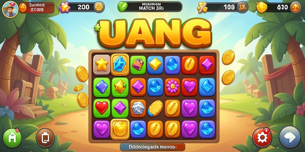 Tangkapan layar gameplay UANG menunjukkan aksi mencocokkan tiga item berwarna-warni.